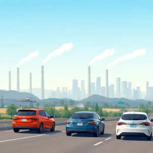 Illustration depicting California skyline with vehicles representing petrol and electric emissions.