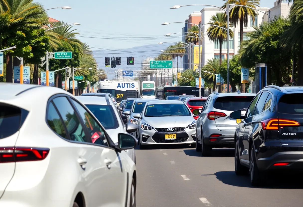 California street with electric and gasoline vehicles
