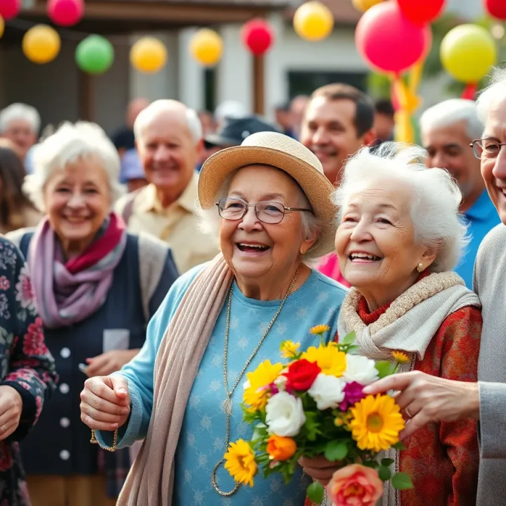 Elderly individuals celebrating with a community event.
