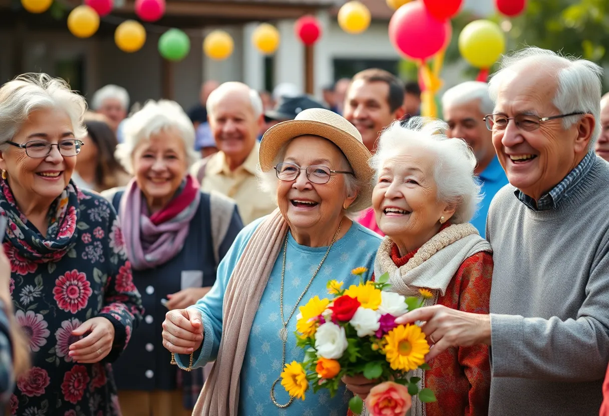 Elderly individuals celebrating with a community event.