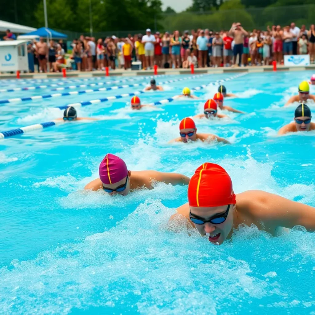 Swimmers competing in a high school swimming championship event outdoors