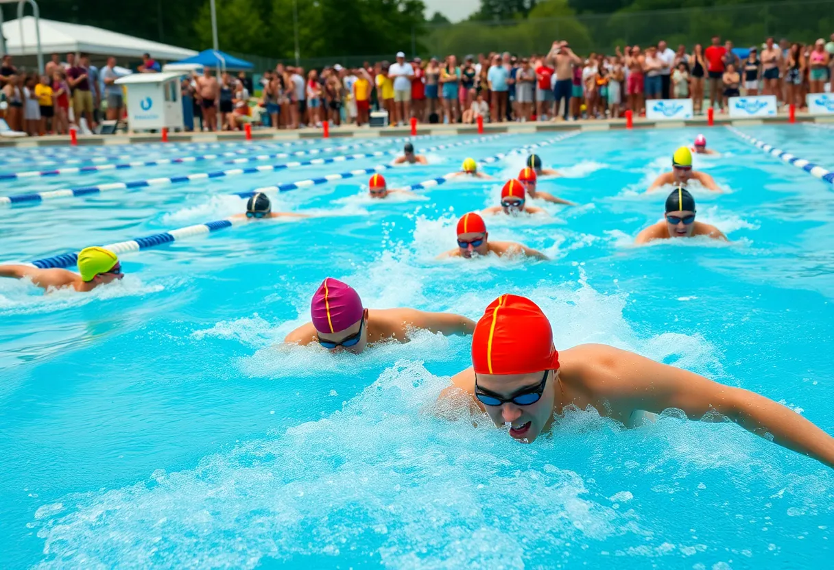 Swimmers competing in a high school swimming championship event outdoors
