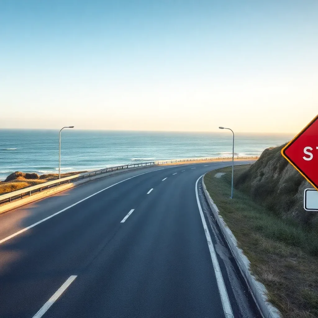 Scenic coastal highway with warning signs about driving safety.