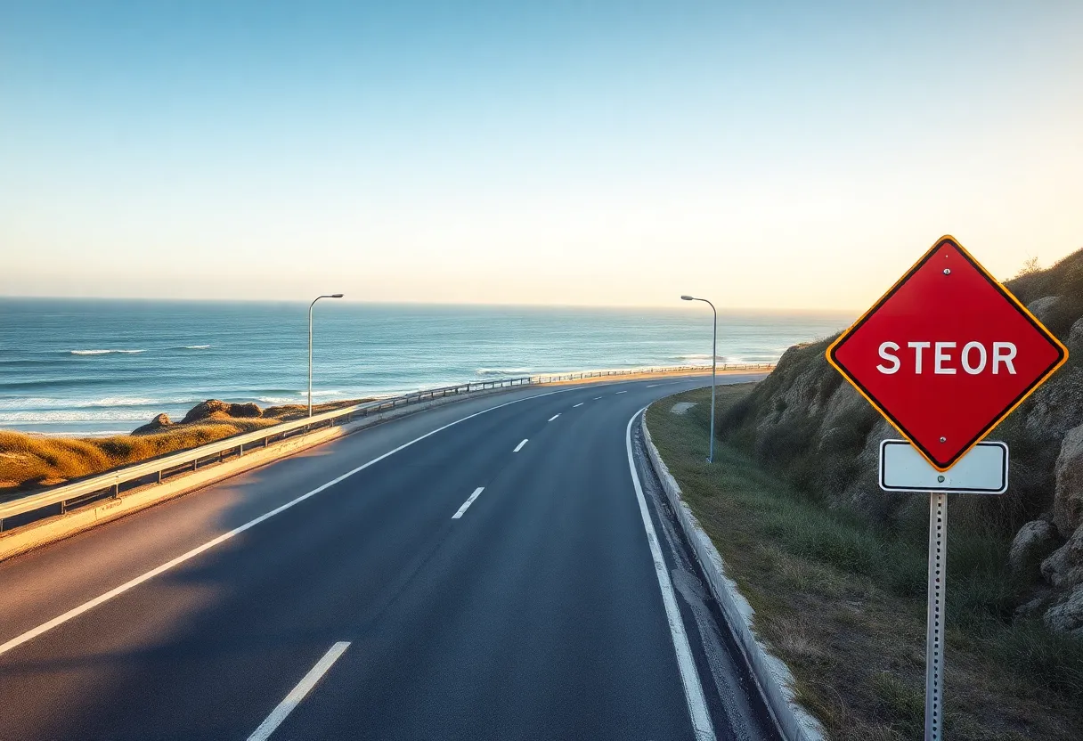 Scenic coastal highway with warning signs about driving safety.