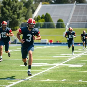 Athletes training on a college football field