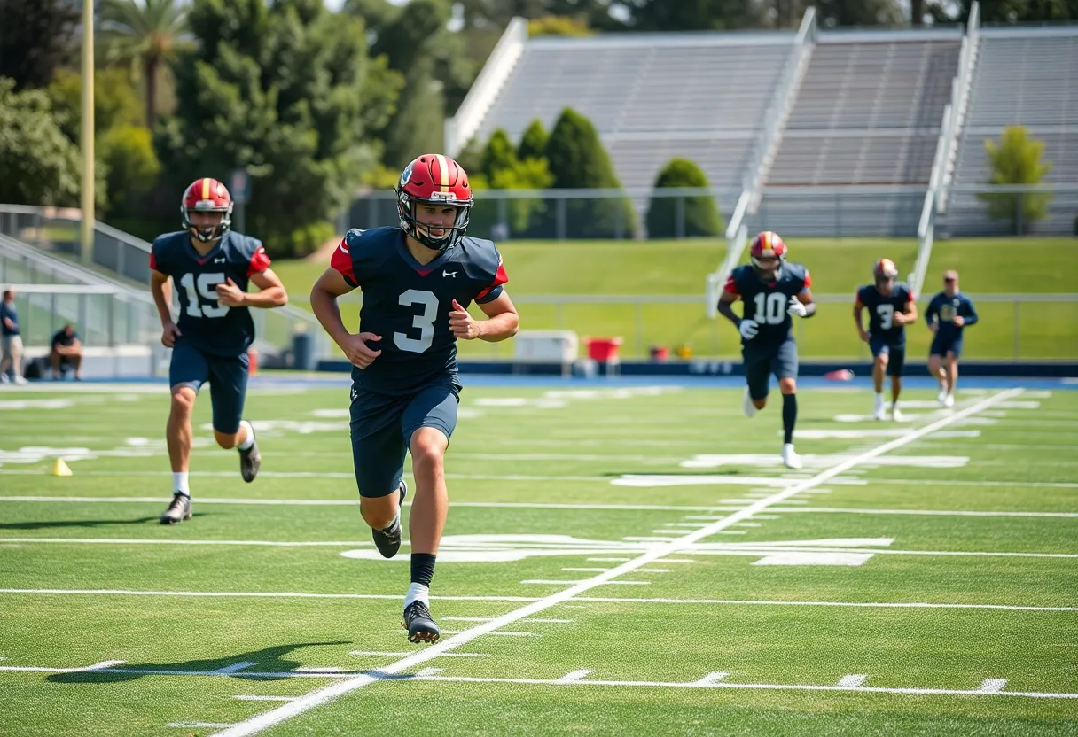 Athletes training on a college football field