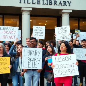 Community members rallying to support library freedom against censorship