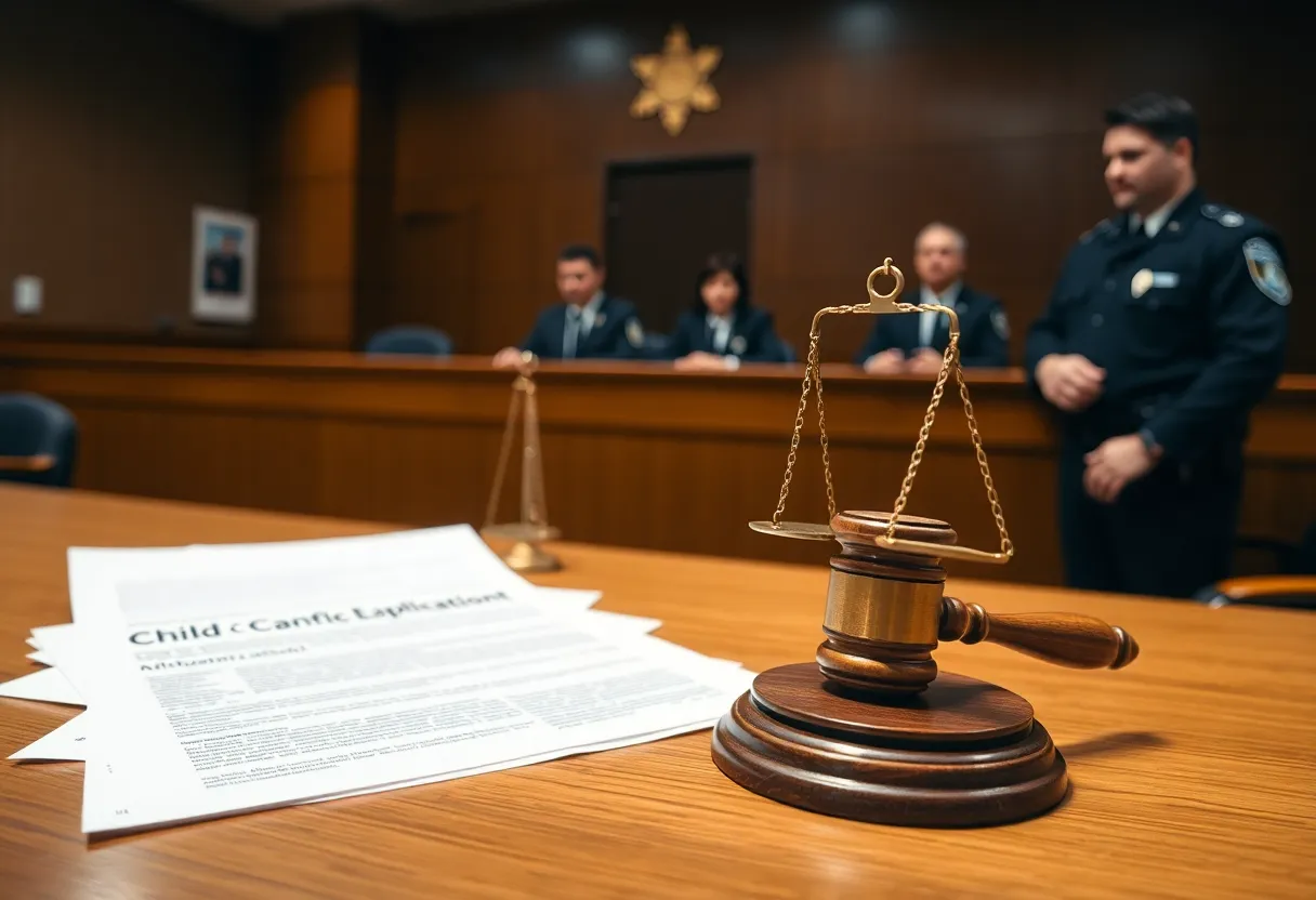 Courtroom during child exploitation case showing law enforcement and justice.