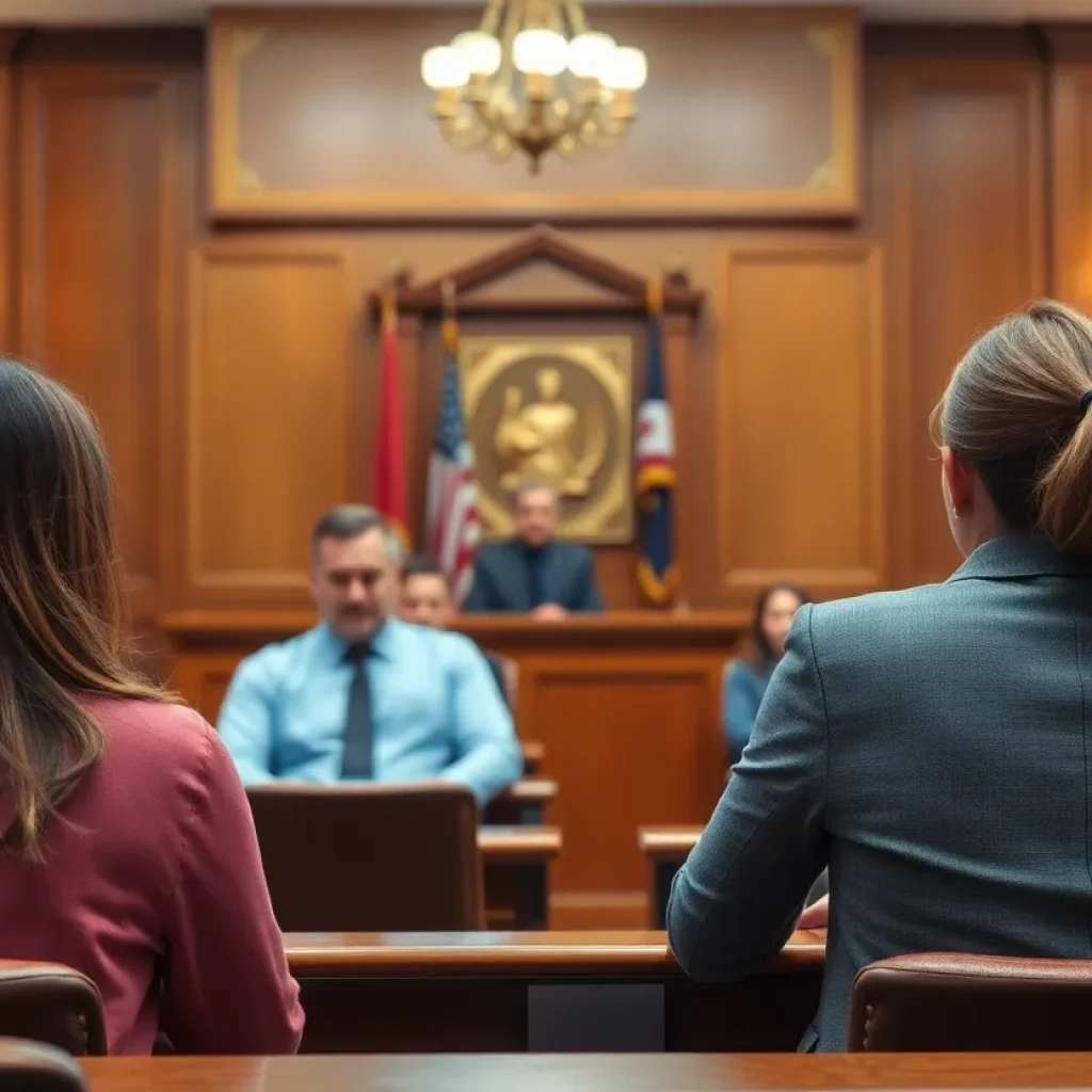 Courtroom setting depicting legal proceedings
