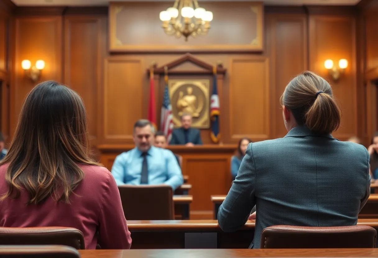Courtroom setting depicting legal proceedings