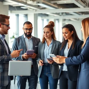 Professionals discussing AI regulations in a modern office