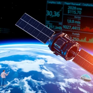 Satellite in orbit with economic data graphics