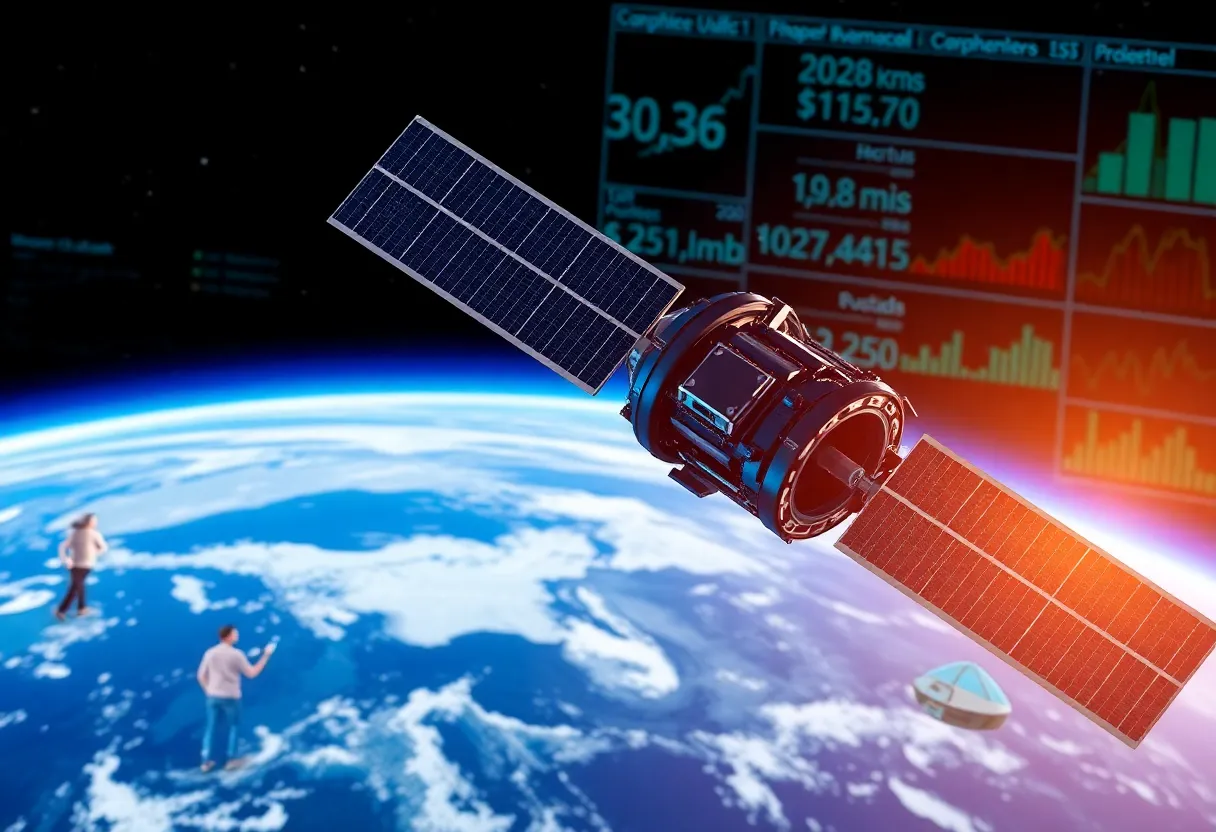 Satellite in orbit with economic data graphics