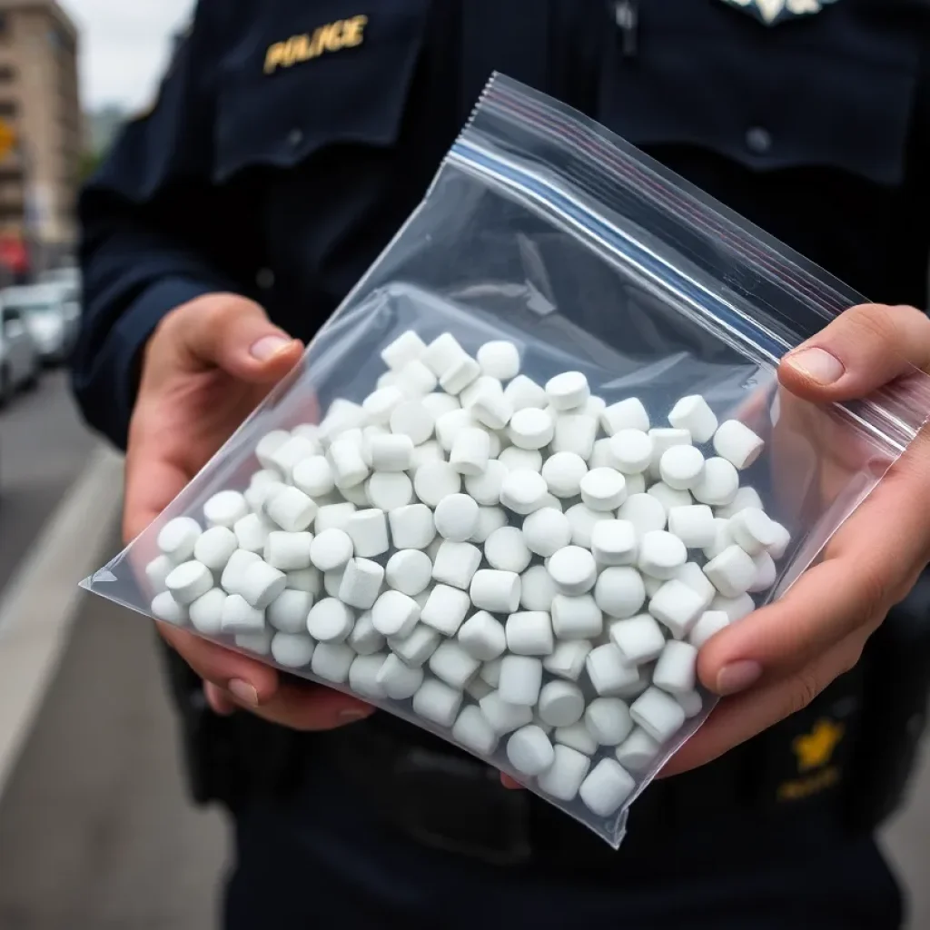 Police officer with fentanyl evidence during a crackdown.
