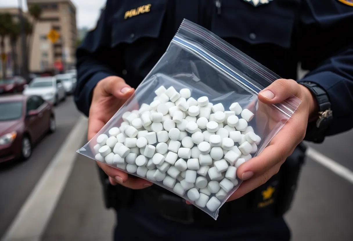 Police officer with fentanyl evidence during a crackdown.