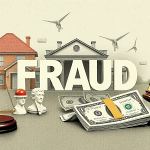 Illustration of financial fraud concept with money and legal symbols