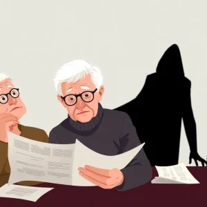 Illustration of elderly couple facing financial fraud