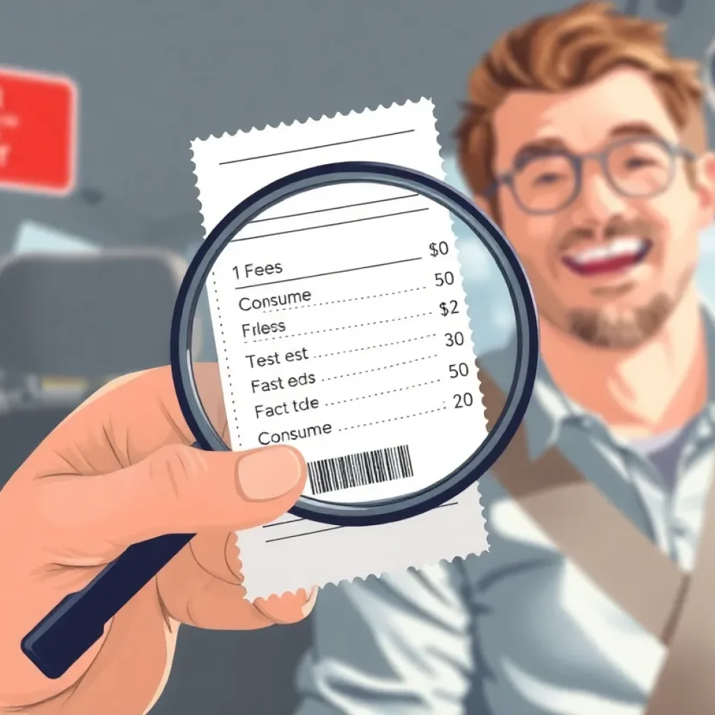 An illustration of a consumer examining a ticket with clear pricing.