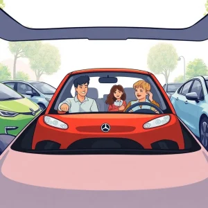 Illustration showing a gas-powered car in contrast with electric vehicles