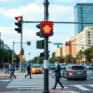 Crosswalk with HAWK signal and pedestrians crossing safely