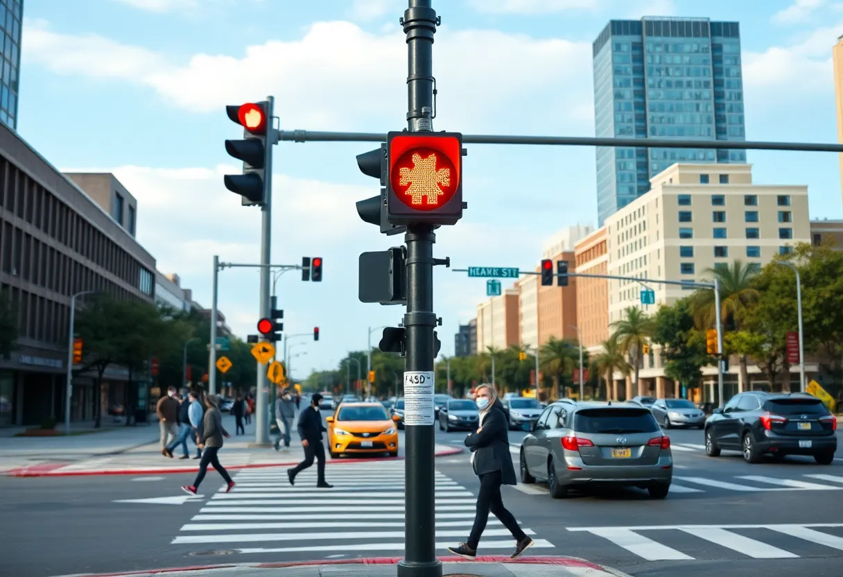 Crosswalk with HAWK signal and pedestrians crossing safely
