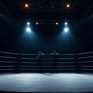 Dramatic scene of an empty UFC octagon under bright lights
