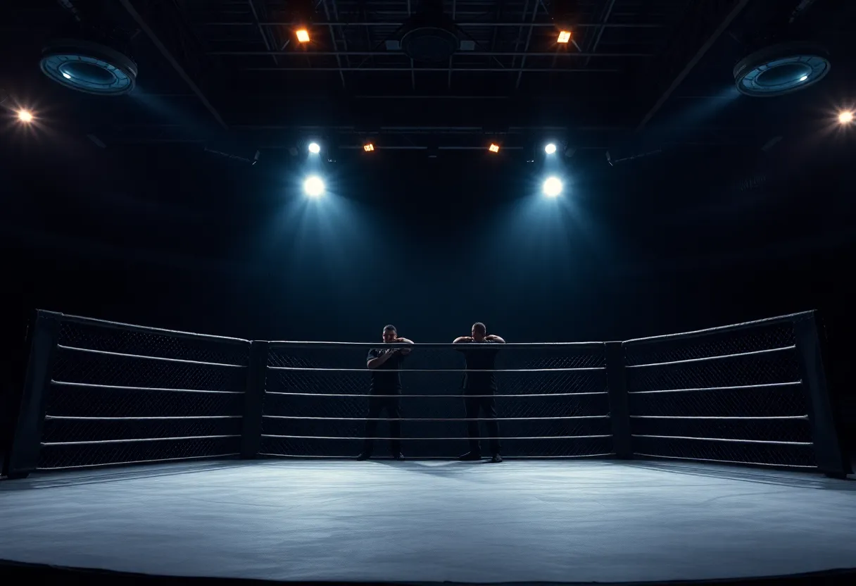 Dramatic scene of an empty UFC octagon under bright lights