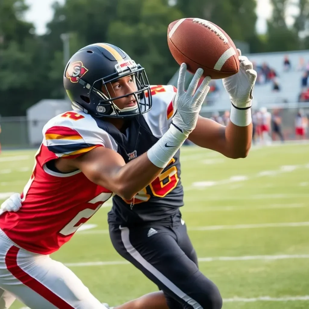 Wide receiver catching a football during a high school game