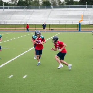 High school football players training on the field.