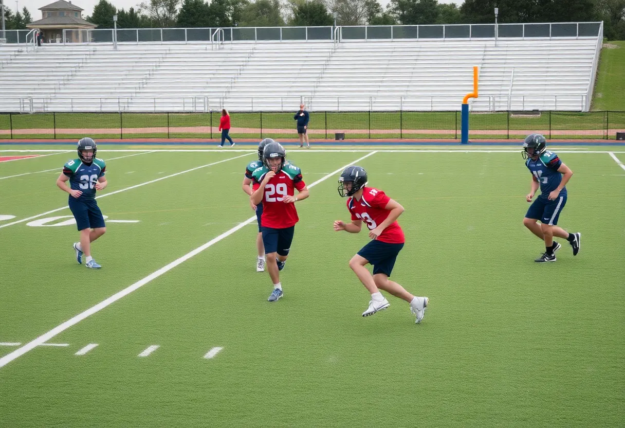 High school football players training on the field.