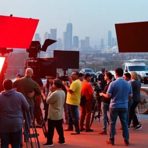 Crew members working on a film set in Hollywood