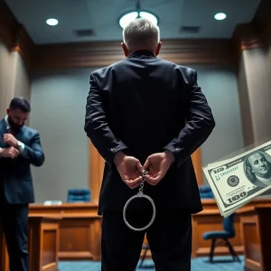 Courtroom scene depicting financial fraud case