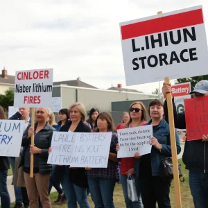 Residents protesting against a lithium battery storage plant