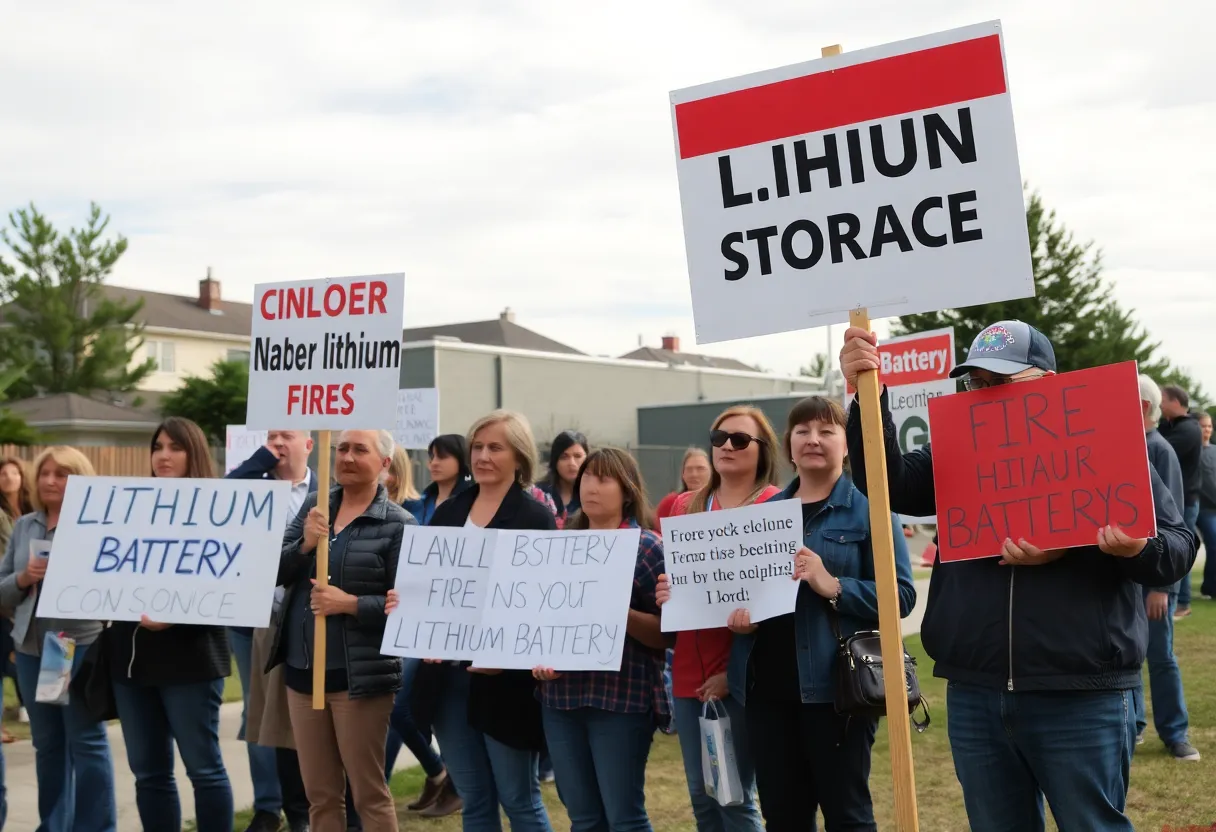 Residents protesting against a lithium battery storage plant