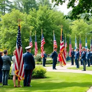 People attending a Memorial Day ceremony in a public garden.