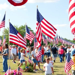 Community members gathering for Memorial Day events with American flags.