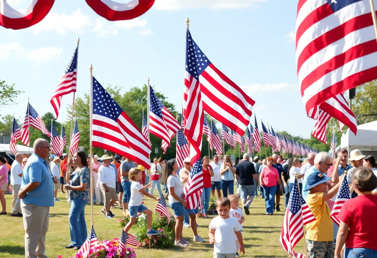 Community members gathering for Memorial Day events with American flags.