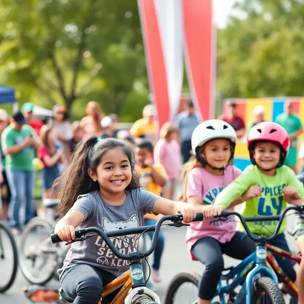 Families participating in the Bike-X event with BMX stunt shows and bicycle safety workshops.