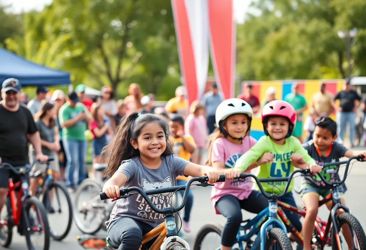 Families participating in the Bike-X event with BMX stunt shows and bicycle safety workshops.