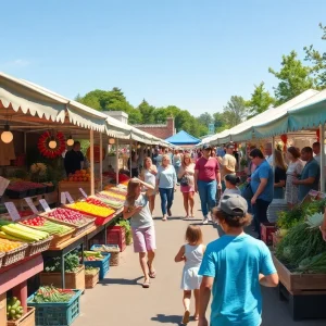 A bustling farmers market in Mission Viejo with fresh produce and community members.