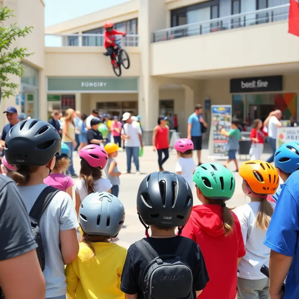 Children at the Mission Viejo helmet giveaway event, engaging in safety activities.