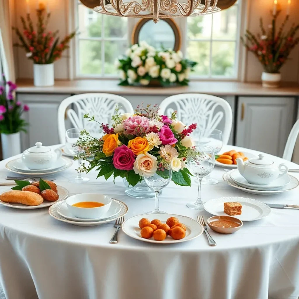 A beautifully arranged table for a Mother's Day celebration with flowers and gourmet dishes.