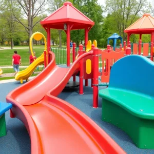 A vibrant inclusive playground with various play structures for children of all abilities.