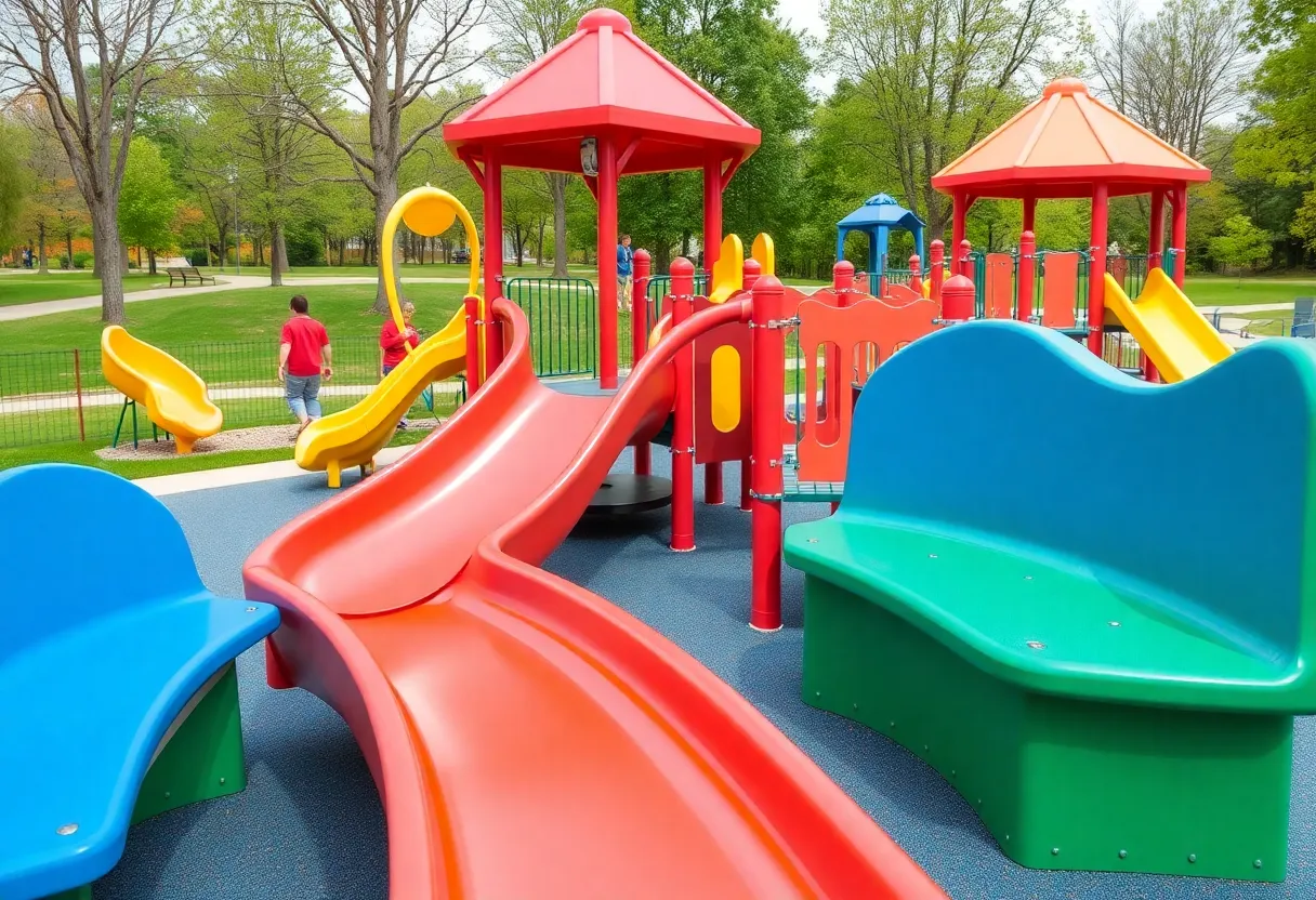 A vibrant inclusive playground with various play structures for children of all abilities.