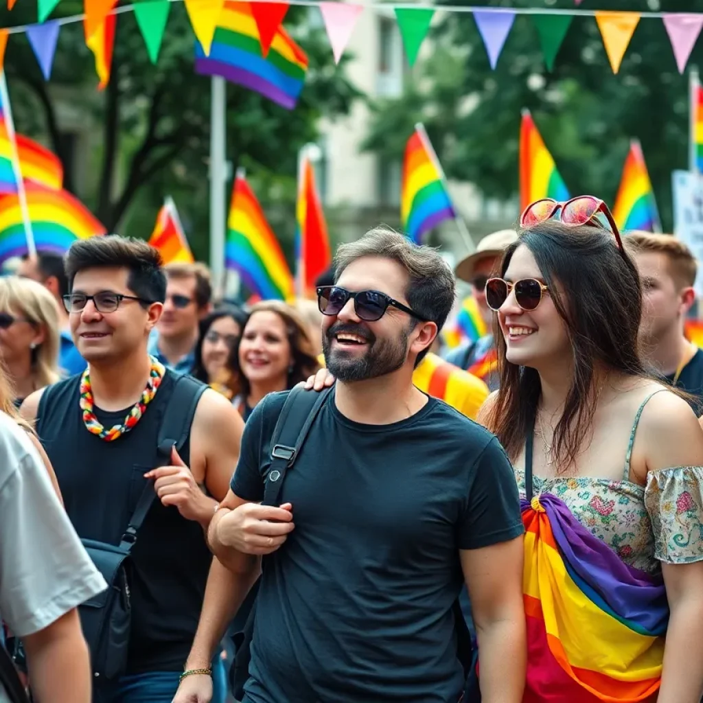 Vibrant Pride celebration in Orange County with diverse individuals and rainbow flags.