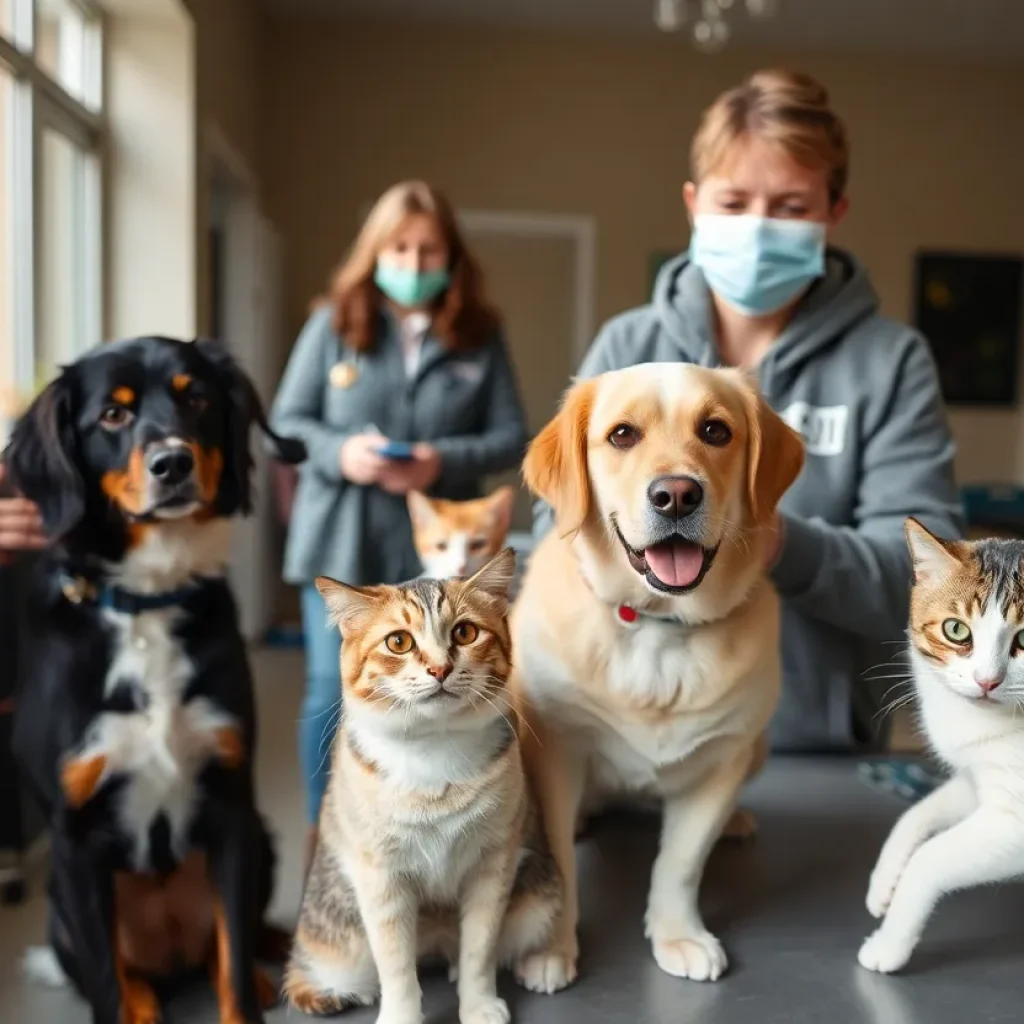 Pet owners attending a vaccination clinic with their pets
