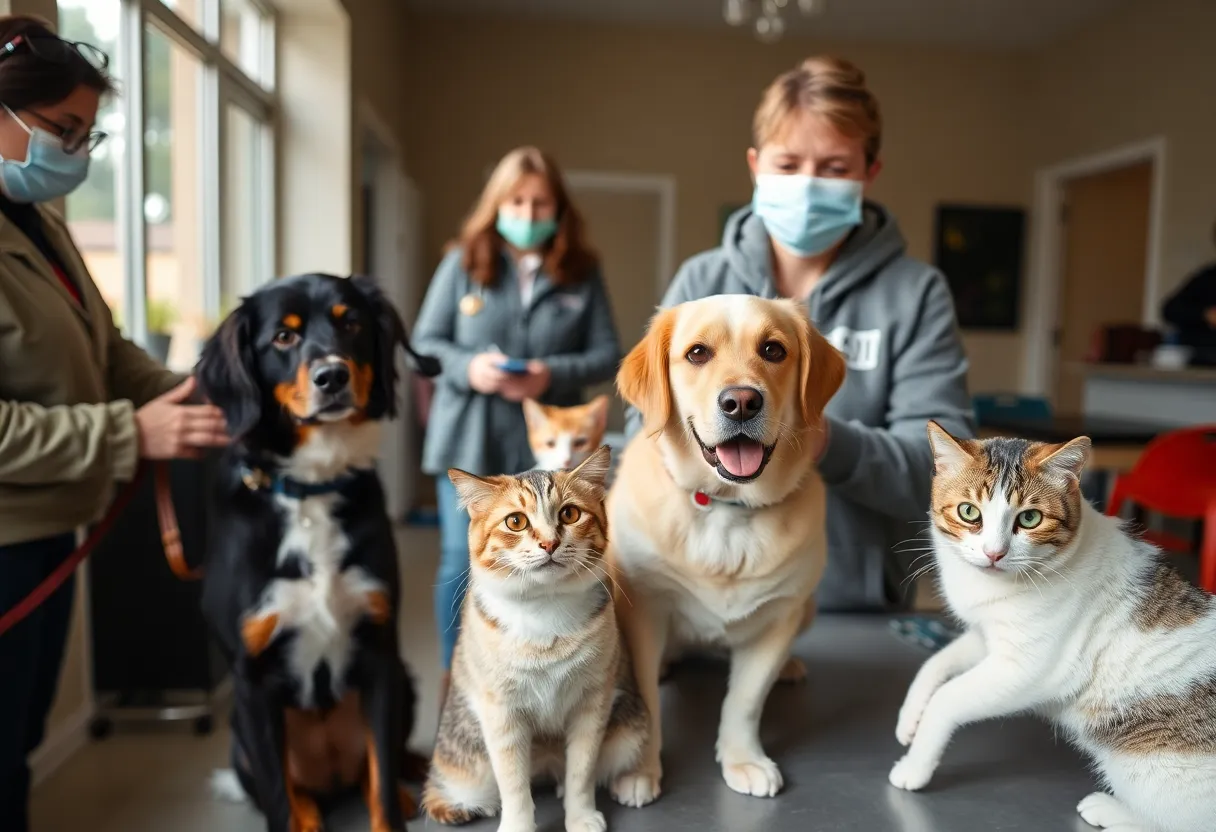Pet owners attending a vaccination clinic with their pets
