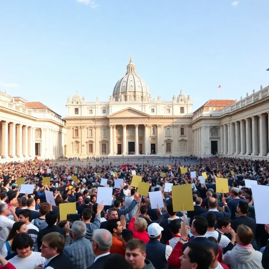 Crowd celebrating the election of Pope Leo XIV in St. Peter's Square.