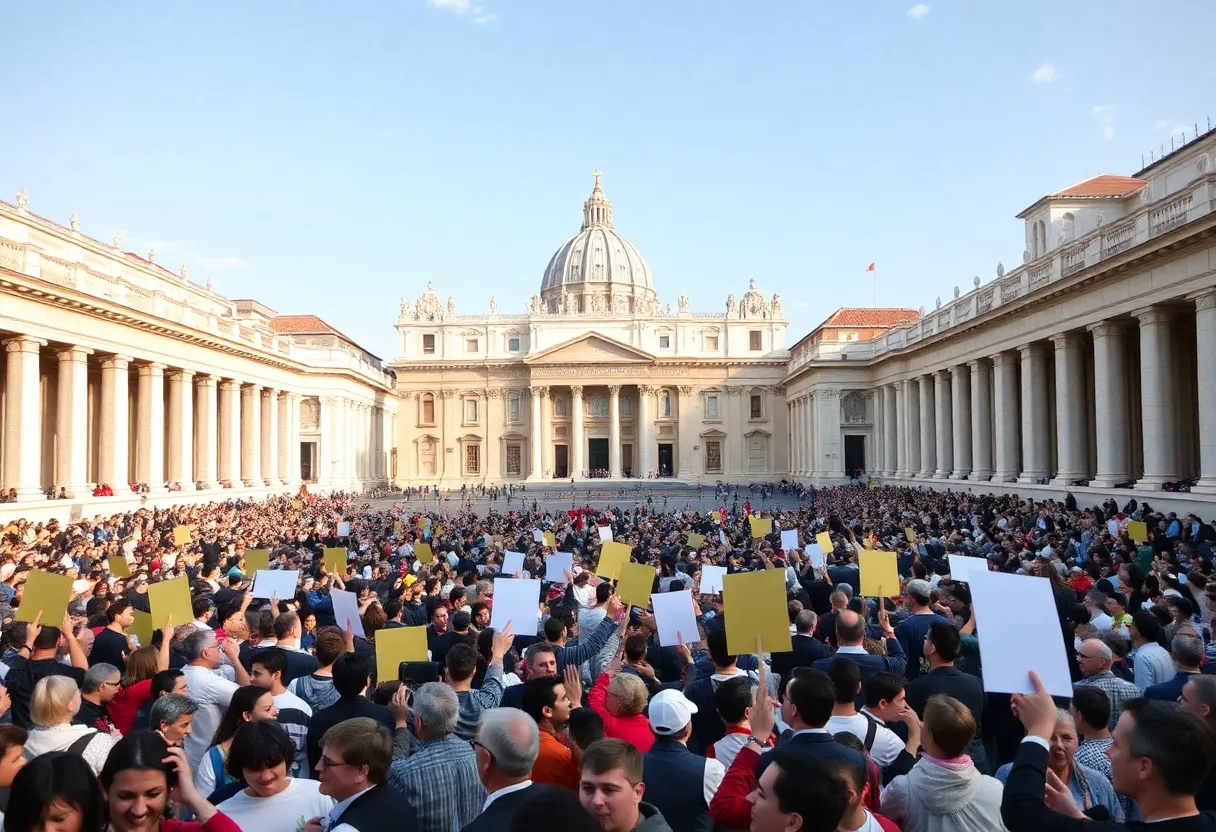 Crowd celebrating the election of Pope Leo XIV in St. Peter's Square.