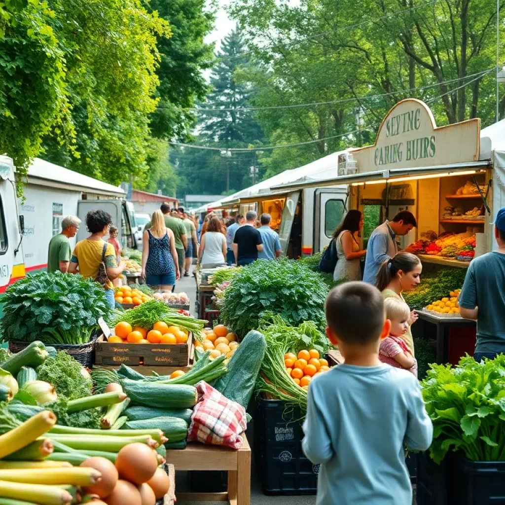 Families enjoying a vibrant farmers market with fresh produce and food trucks.